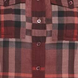 Pre Owned Burberry Burgundy Checks Cotton Half Placket Shirt S