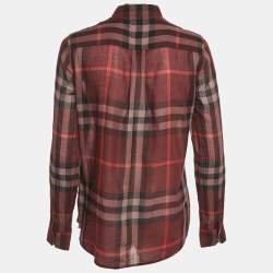 Pre Owned Burberry Burgundy Checks Cotton Half Placket Shirt S