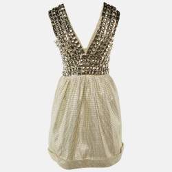 Pre Owned Burberry Metallic Studded Cotton Lurex V-Neck Mini Dress S