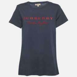 Pre Owned Burberry Navy Blue/Red Logo Flocked Jersey T-Shirt XL