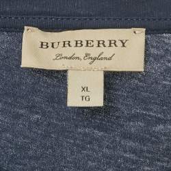 Pre Owned Burberry Navy Blue/Red Logo Flocked Jersey T-Shirt XL