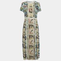 Pre Owned Burberry Multicolor Framed Heads Print Silk Lace Trim Maxi Dress M