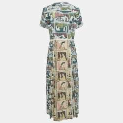 Pre Owned Burberry Multicolor Framed Heads Print Silk Lace Trim Maxi Dress M