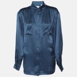Pre Owned Burberry Midnight Blue Satin Logo Long Sleeve Shirt S
