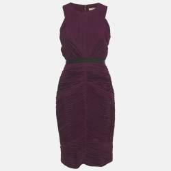 Pre Owned Burberry Burgundy Plisse Sleeveless Sheath Dress S