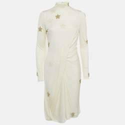 Pre Owned Burberry Cream Star Embellished Jersey Draped Knee-Length Dress S
