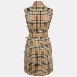 Pre Owned Burberry Beige Vintage Check Print Cotton Wrap Around Mini Dress S