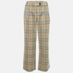 Pre Owned Burberry Beige Check Print Wool Wide Leg Trousers S