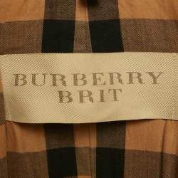 Pre Owned معطف ترنش قصير بربري بني بمزيج من القطن وتفاصيل جلد مقاس صغير جداً (اكس سمول)