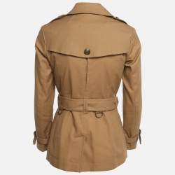 Pre Owned معطف ترنش قصير بربري بني بمزيج من القطن وتفاصيل جلد مقاس صغير جداً (اكس سمول)