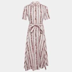 Pre Owned Burberry Pink Scribble Printed Cotton Belted Shirt Dress S