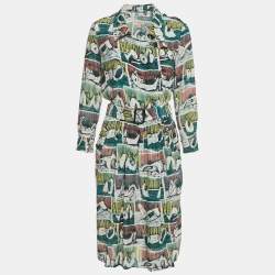 Pre Owned Burberry Green Reclining Figures Silk Trench Midi Dress S