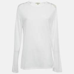 مملوكة مسبقًا قميص بربري أبيض بنمط كاروهات طويل الأكمام جيرسي كتف ميديوم