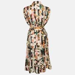 Pre Owned Burberry Multicolor Printed Silk Button Front Belted Long Dress S