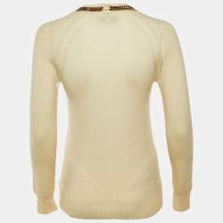 Pre Owned Burberry Cream Collar Embellished Wool Blend Jumper S