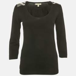 مملوكة مسبقًا تيشيرت كم طويل بربري حافة مربعة سوداء مقاس صغير (سمول)