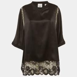 Pre Owned Burberry Black Satin Lace Trim Blouse M