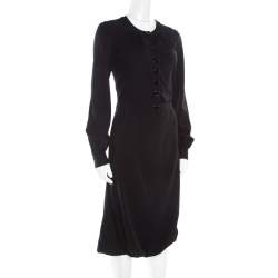 Pre Owned Burberry Black Wool Crepe Buttoned Long Sleeve Balloon Hem Dress M
