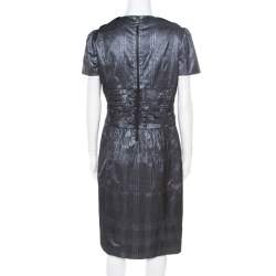 Pre Owned Burberry London Metallic Silver Jacquard Plunge Neck Short Sleeve Dress M