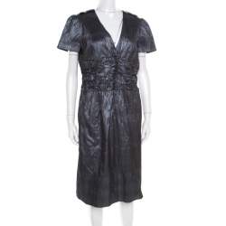 Pre Owned Burberry London Metallic Silver Jacquard Plunge Neck Short Sleeve Dress M