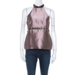 Burberry Metallic Purple Silk Blend Stud Embellished Halter Neck Top S 
