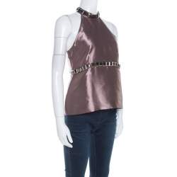 Burberry Metallic Purple Silk Blend Stud Embellished Halter Neck Top S 