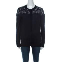 Pre Owned Burberry Navy Blue Merino Wool Knit Macrame Lace Detail Button Front Cardigan S