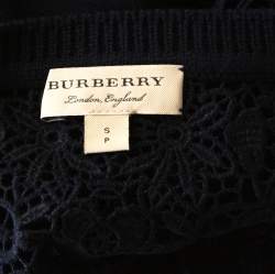 Pre Owned Burberry Navy Blue Merino Wool Knit Macrame Lace Detail Button Front Cardigan S