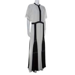 Pre Owned Burberry Black and White Chiffon Pintuck Bodice Maxi Dress M 