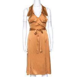 Burberry Bronze Silk Satin Ruffled Wrap Dress S