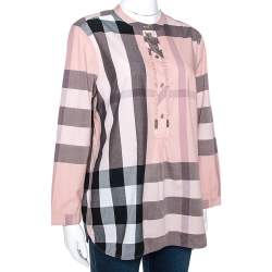 Pre Owned Burberry Pale Pink House Check Print Cotton Half Placket Shirt L