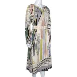 Pre Owned Burberry Prorsum Linen & Silk Blend Abstract Print Belted Midi Dress M