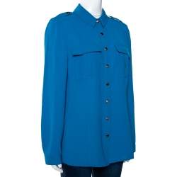 Pre Owned قميص بربري سفاري أزرار أمامية كريب أزرق أزور L