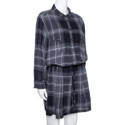 Pre Owned Burberry Brit Grey Plaid Wool Drawstring Detail Midi Dress L