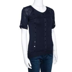 Pre Owned Burberry Prorsum Navy Blue Silk & Cotton Knit Studded Top S