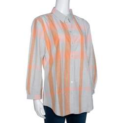 Pre Owned قميص بربري بريت قطن مربعات كبيرة رصاصي و وردي مقاس كبير جداً (اكس لارج)