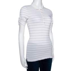 Pre Owned Burberry Brit Off White Striped Cotton Modal Polo T-Shirt XS