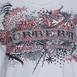 Pre Owned  تي شيرت بربري أكمام قصيرة قطن مطبوع دودل أبيض مقاس وسط (ميديوم)