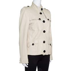 Pre Owned جاكيت بربري جلد بيج بأزرار أمامية مقاس متوسط - ميديوم