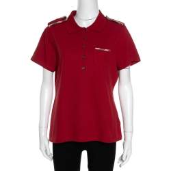 Pre Owned Burberry Brick Red Cotton Pique Shoulder Flap Detail Polo T Shirt XL 