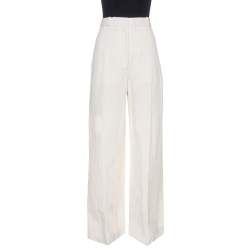 Pre Owned Burberry Cream Linen Canvas Wide Leg Stonewood Trousers M