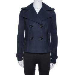 Pre Owned معطف بربري "بيا" أكمام تريكو مزيج صوف أزرق كحلي مقاس صغير (سمول)