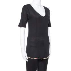 Pre Owned تي شيرت بربري حافة كاروهات نوفا تريكو سترتش أسود XS