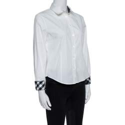 مملوكة مسبقًا قميص بربري بريت أكمام طويلة قطن ستريتش أبيض M