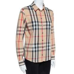 Pre Owned قميص بربري بريت أزرار أمامية قطن سترتش كاروهات نوفا بيج L