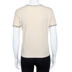 مملوكة مسبقًا Burberry Beige Cotton Check Trimmed Round Neck T-Shirt M