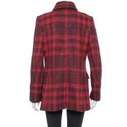 Pre Owned Burberry Brit Red & Black Tweed Buckle Detailed Coat M