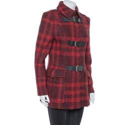 Pre Owned Burberry Brit Red & Black Tweed Buckle Detailed Coat M