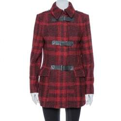 Pre Owned Burberry Brit Red & Black Tweed Buckle Detailed Coat M