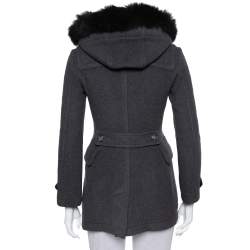 مملوكة مسبقًا معطف بربري بريت متوسط الطول بهودي حافة مزينة فرو صوف رصاصي مقاس صغير جداً (اكس سمول) 